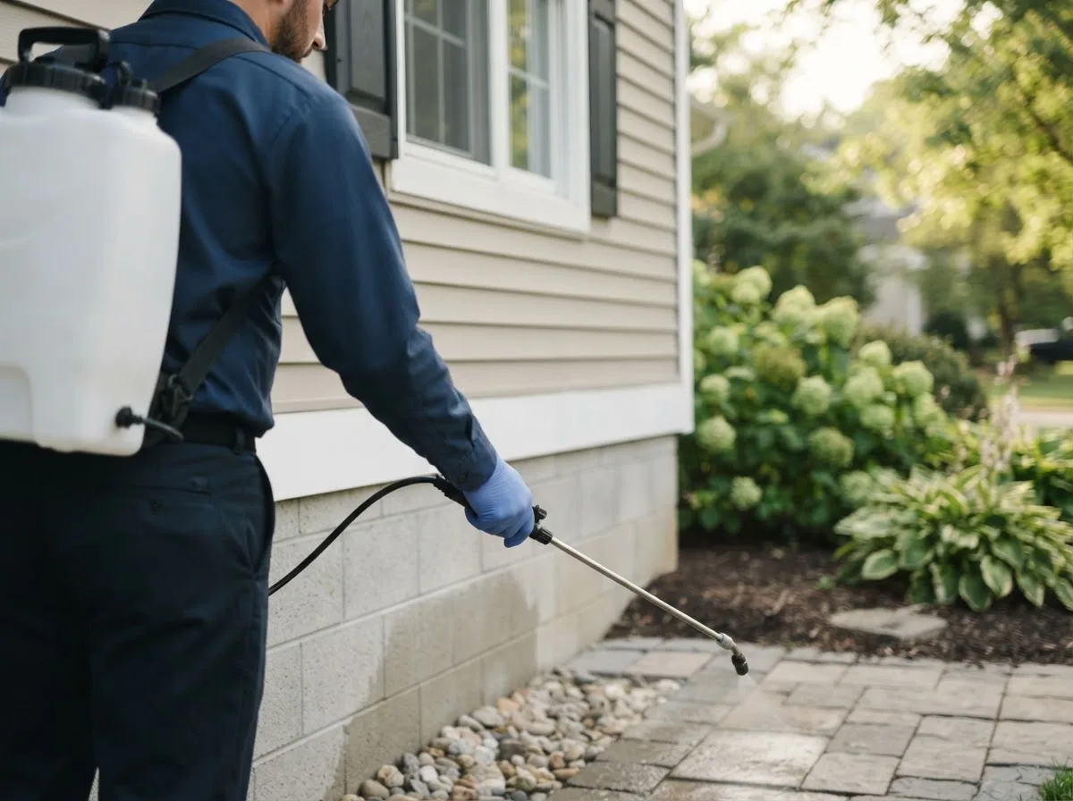 Pest control technician inspecting a home in Ravenna, MI